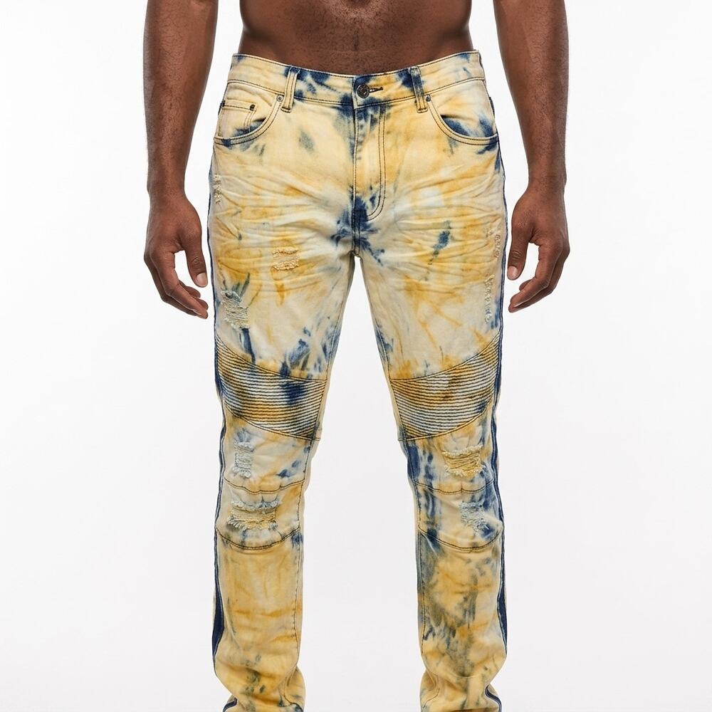 NWT Stitches & Rivets Biker Yellow Tie-Dye Stretch Jeans Men Size W40 L32